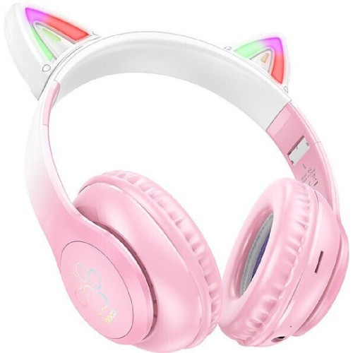 HEADPHONES BLUETOOTH  W42 WIRELESS ΠΑΙΔΙΚΑ CAT EAR PINK MICRO SD
